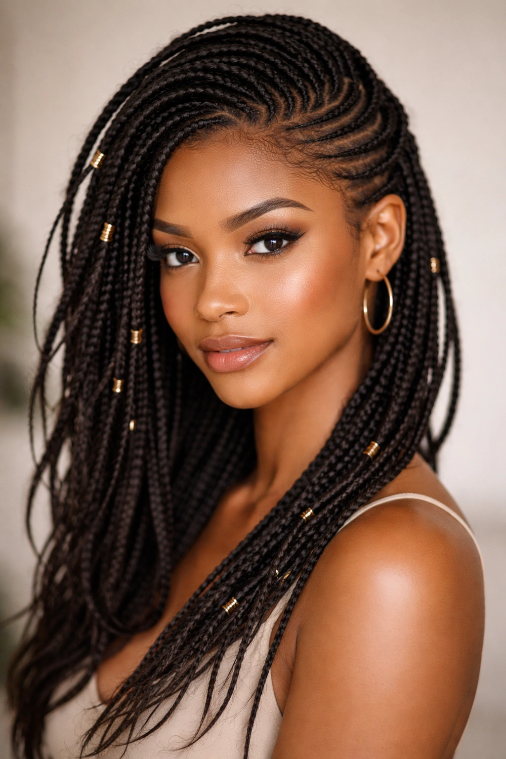 Asymmetrical side-swept Fulani braids with crown volume