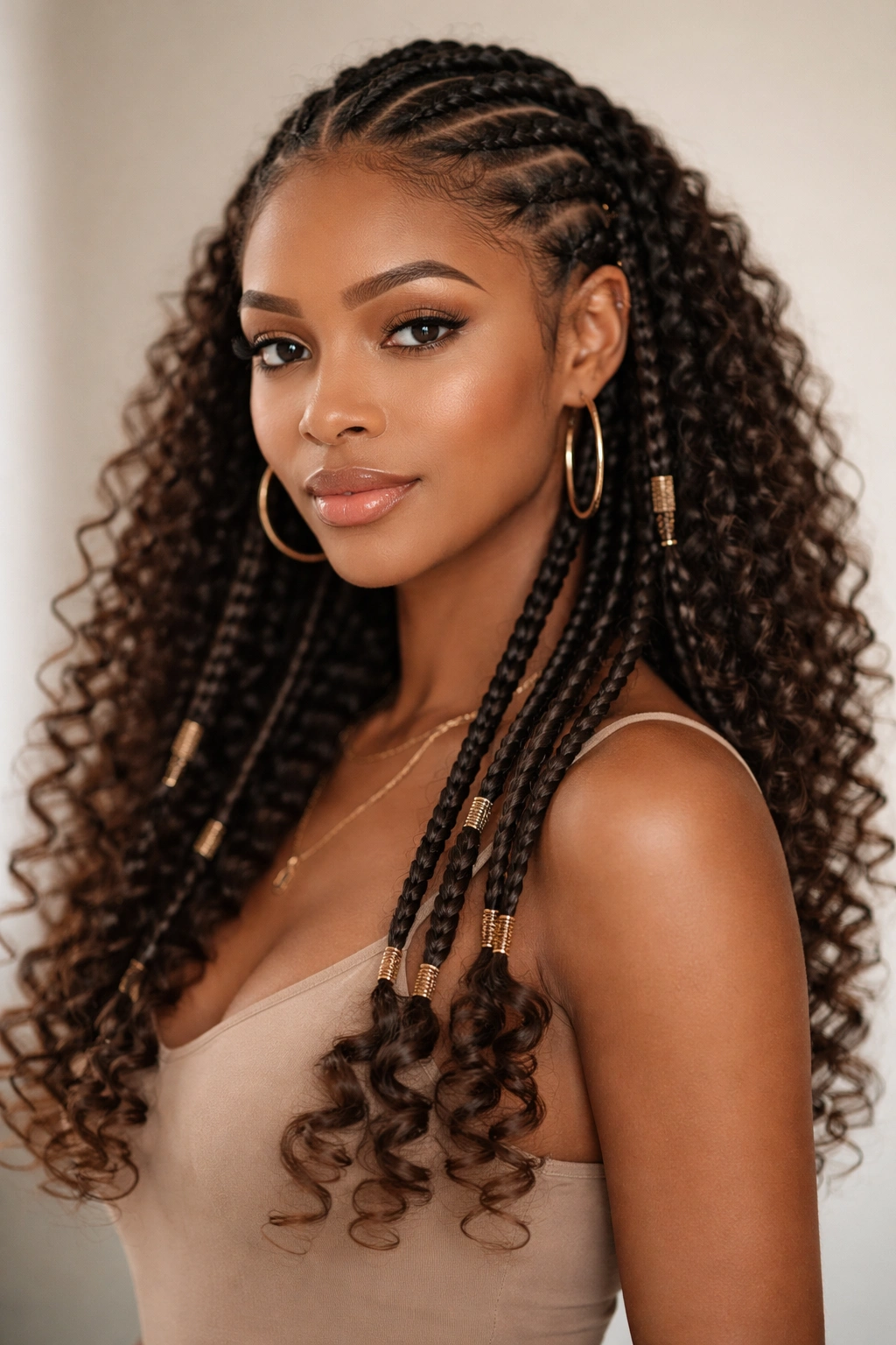 Fulani braids ending in spiral curls on curly hair.