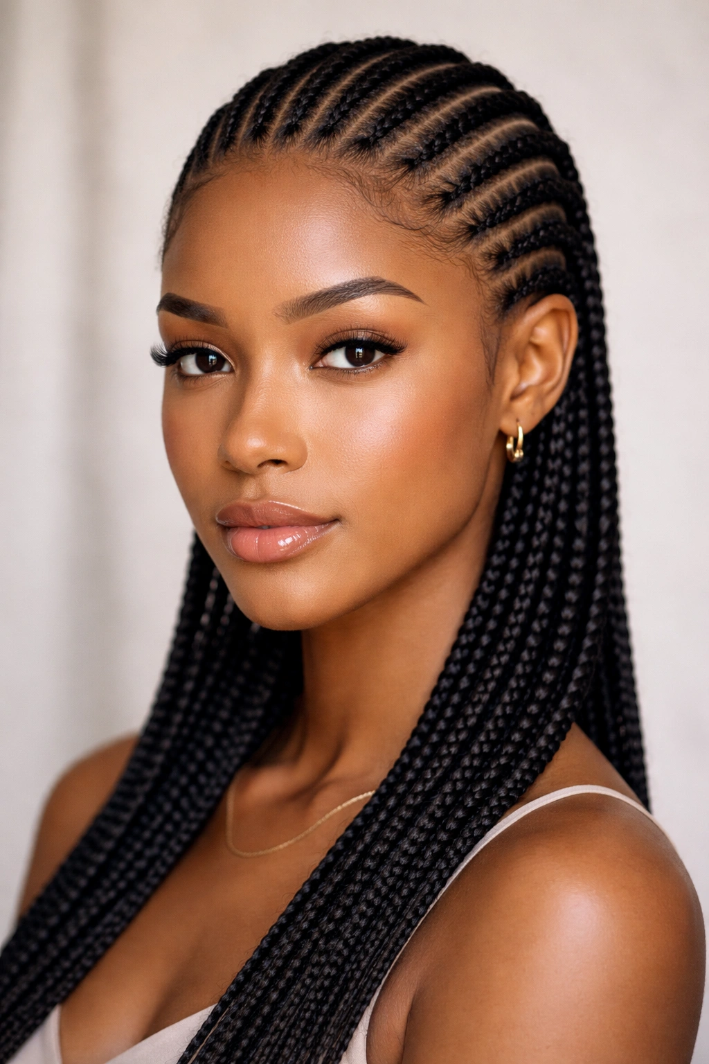 Close-up of straight-back Fulani braids with even spacing and no adornments.