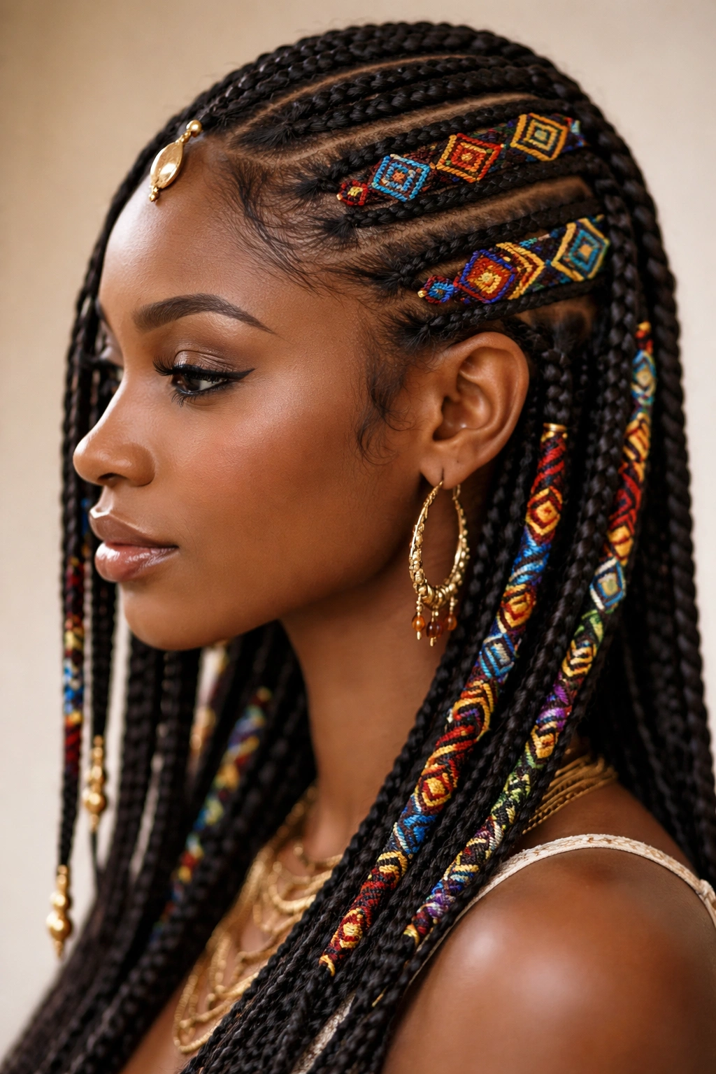 Close-up of Fulani braids wrapped with embroidery thread in geometric patterns