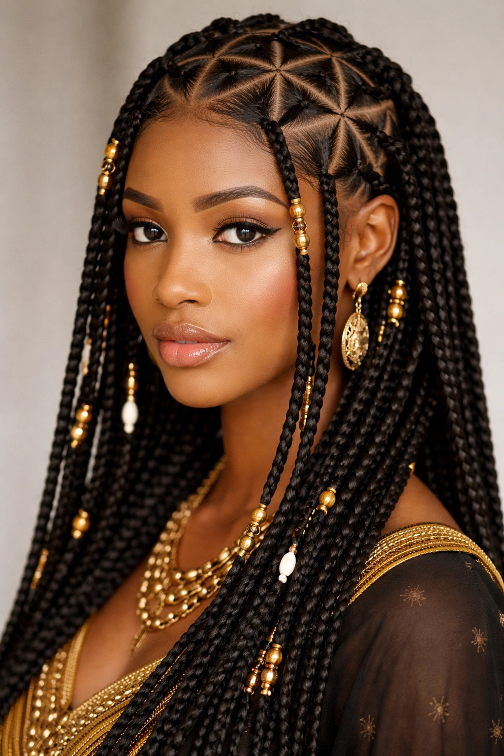 Triangular box braids forming geometric scalp patterns