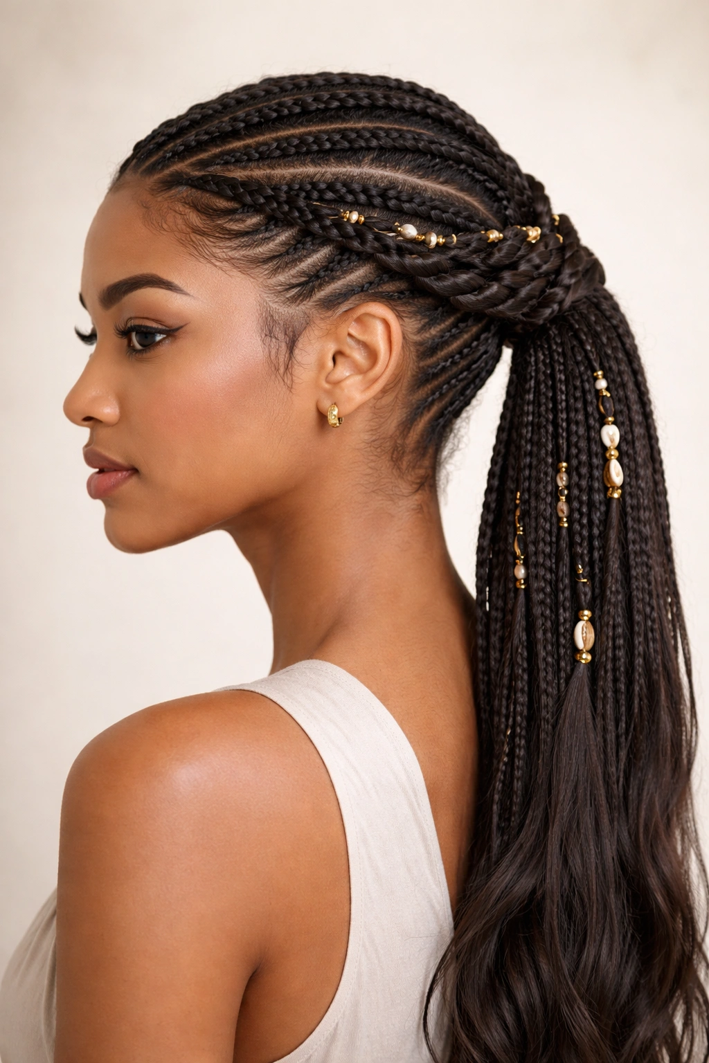 Twisted crown Fulani braids forming a low ponytail at nape
