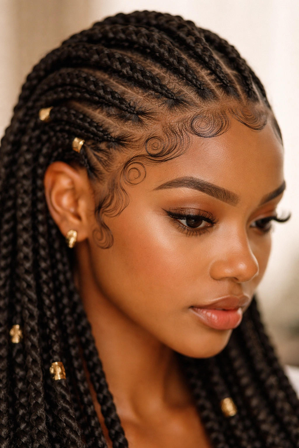 Close-up of baby hair designs along hairline with Fulani twists