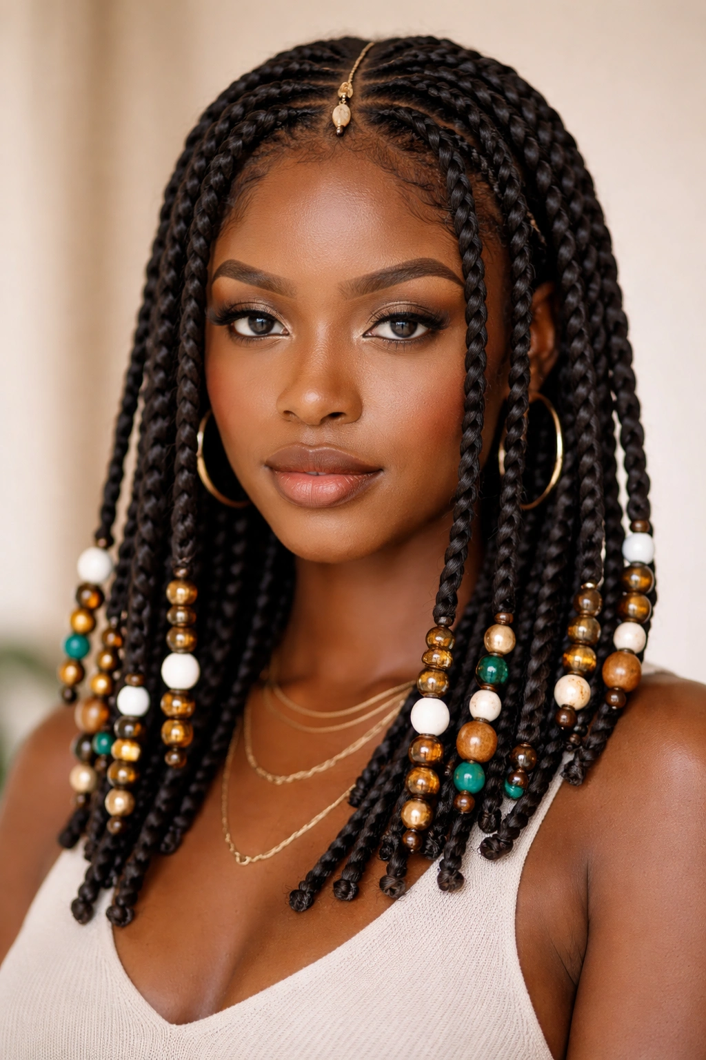 Close-up of two-strand Fulani twists with colorful beads near the scalp