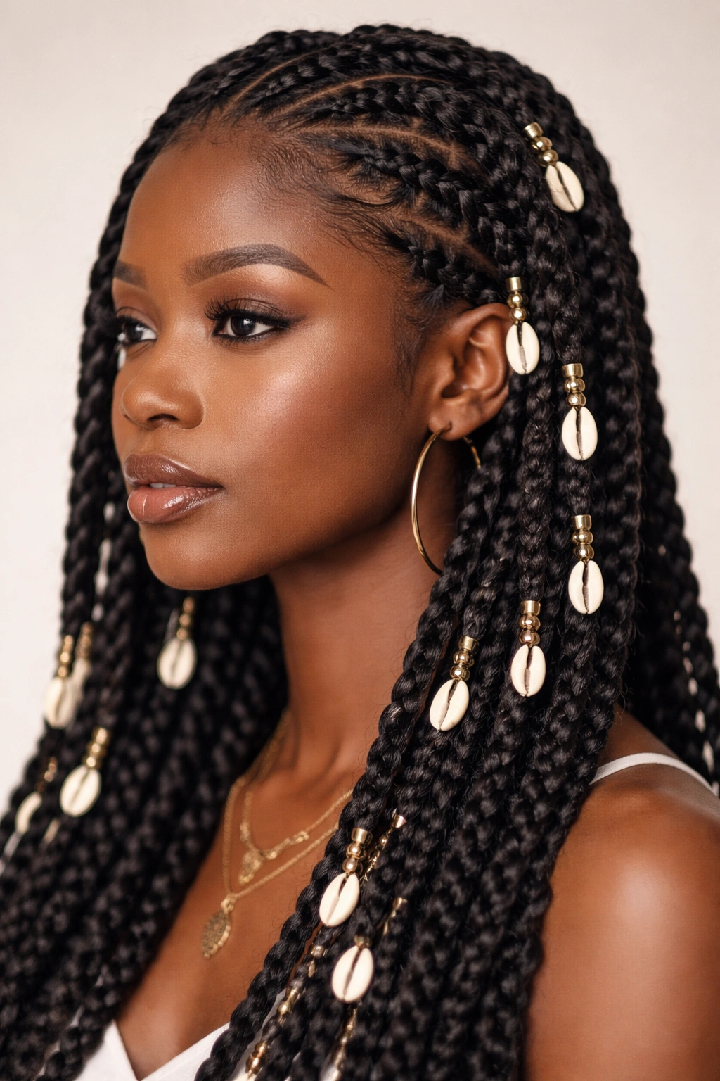Fulani twists with shell cowrie details in studio portrait