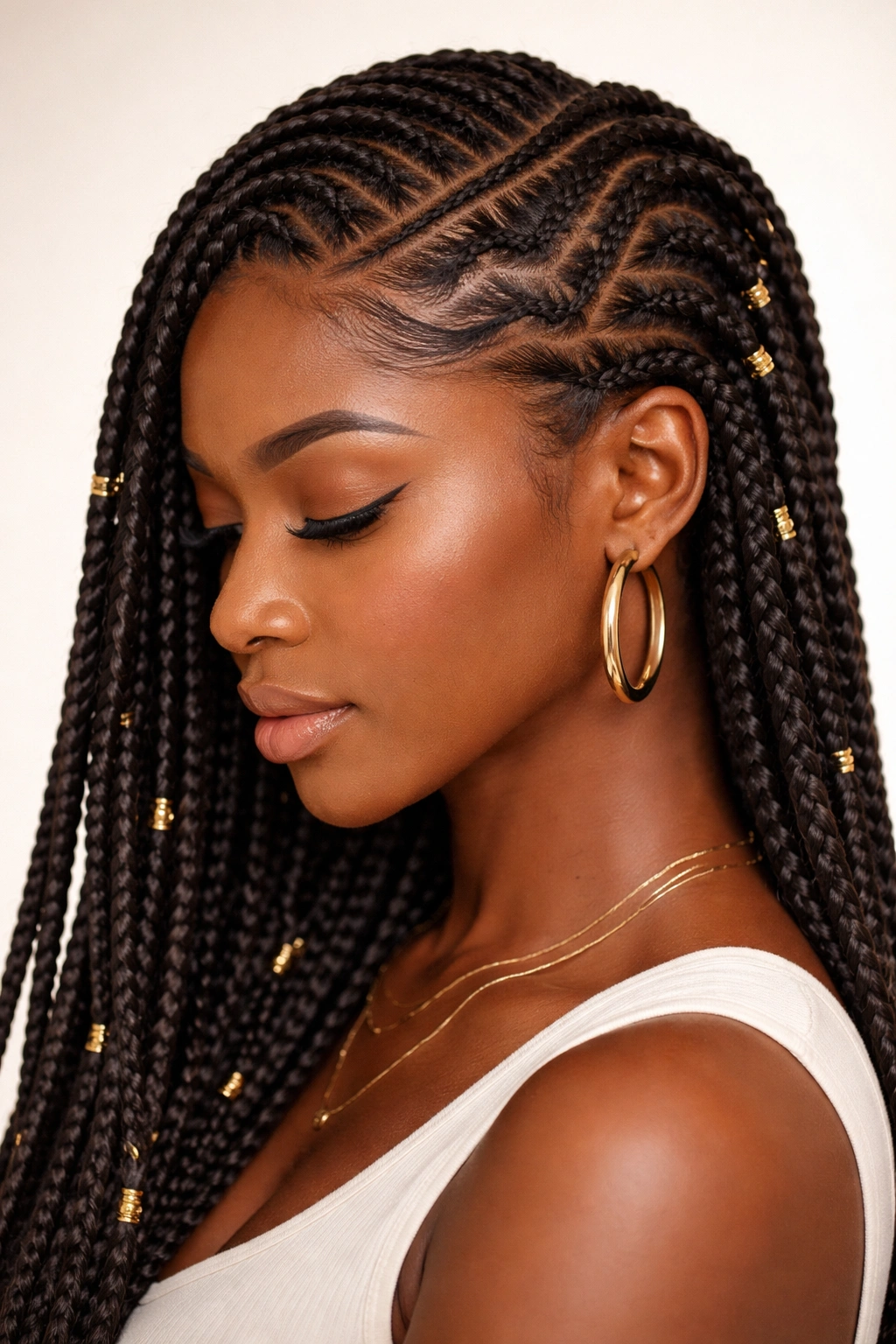 Fulani twists styled with a bold geometric side part showing crisp scalp lines
