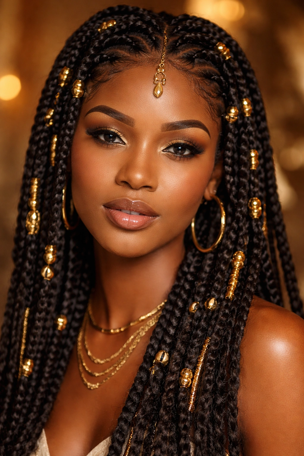 Fulani twists wrapped with gold thread and beads catching light