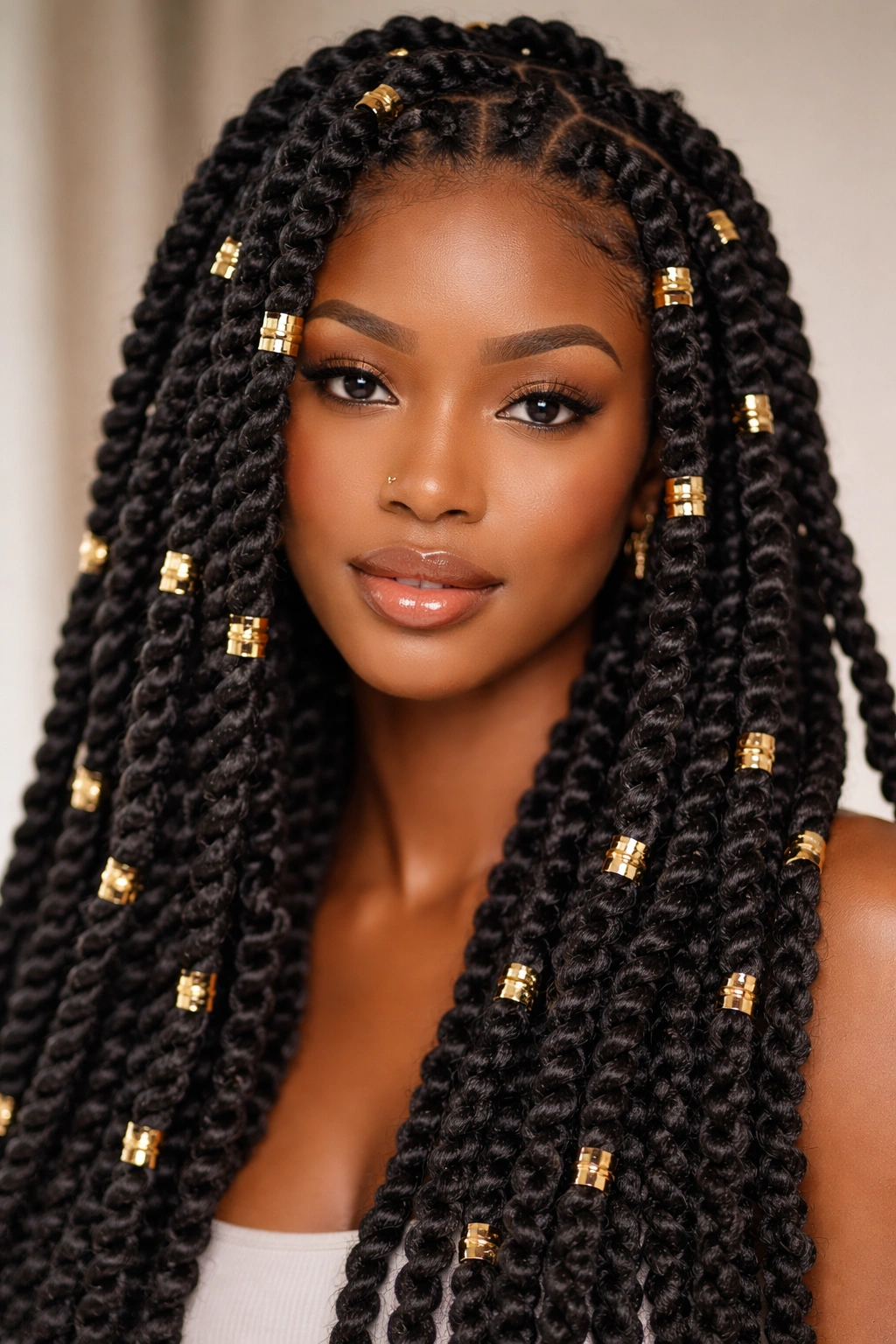 Close-up of thick Fulani twists with gold cuffs on 4C hair in studio portrait