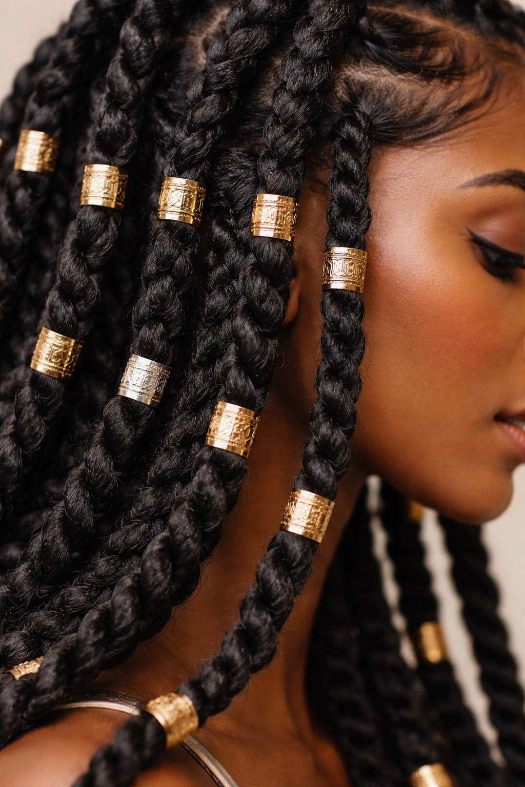 Close-up of Fulani twists with metallic hair cuffs near roots and mid-length