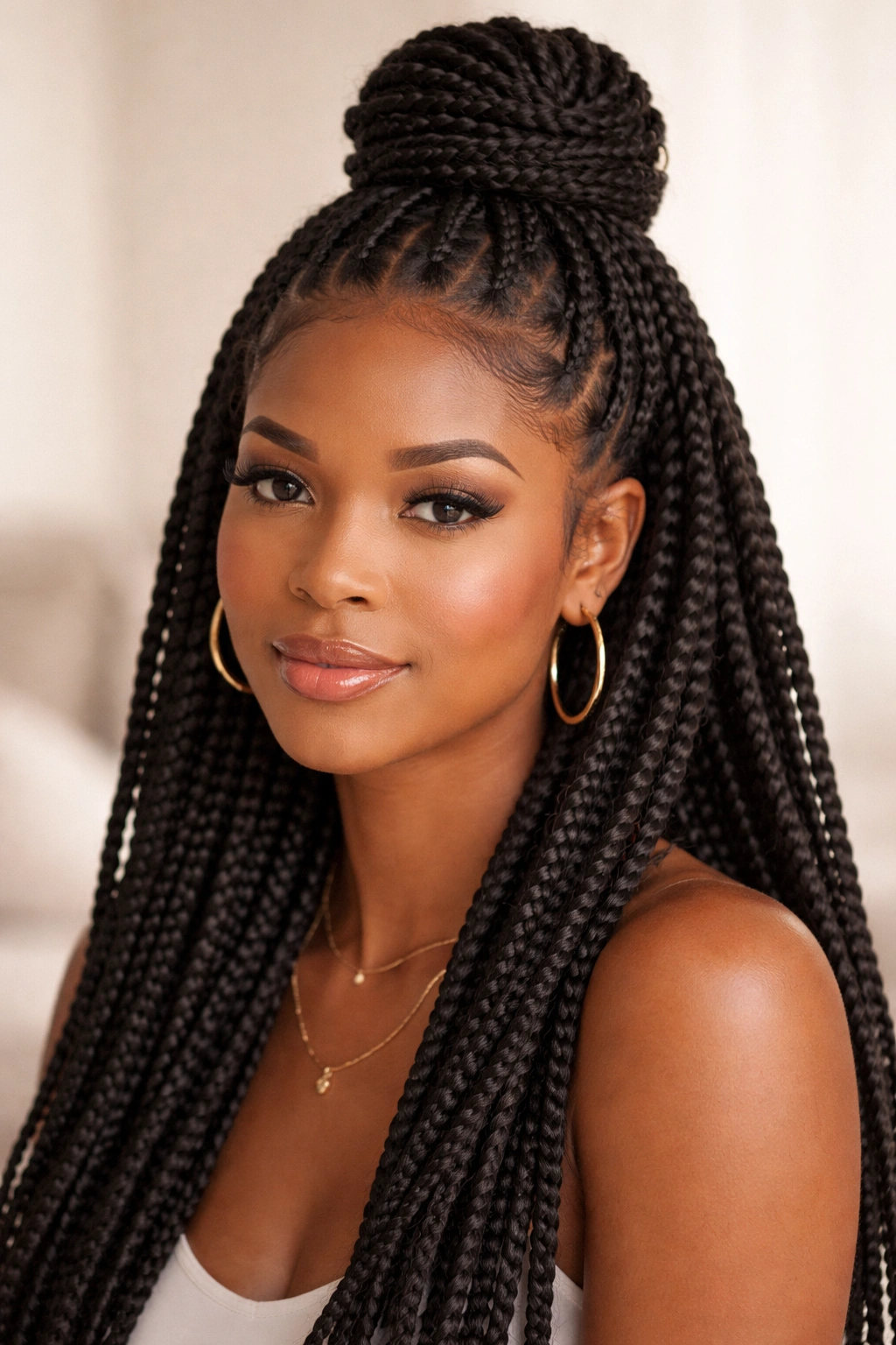 Close-up portrait of Fulani twists in a half-up style with a high bun and flowing twists