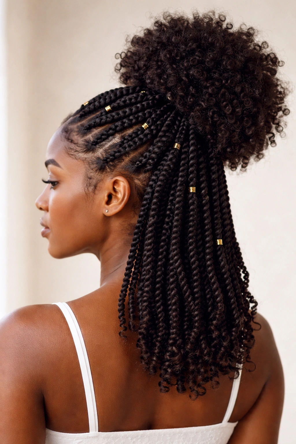Fulani twists styled into a high puff with voluminous crown
