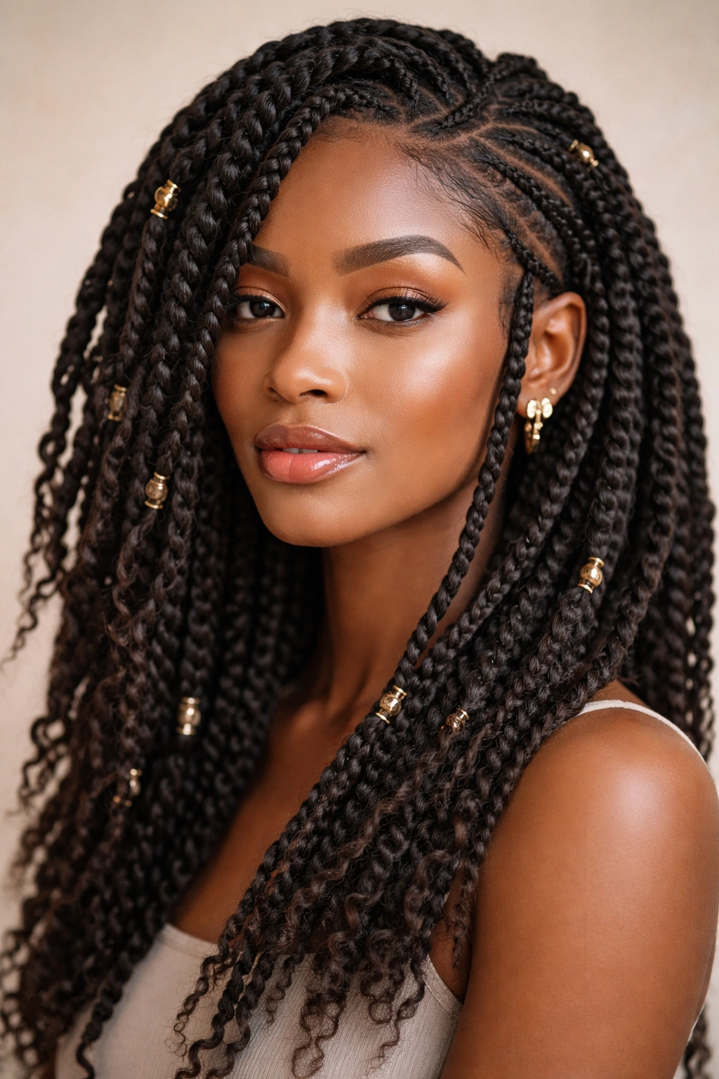 Fulani twists interwoven with thin braids creating texture variation