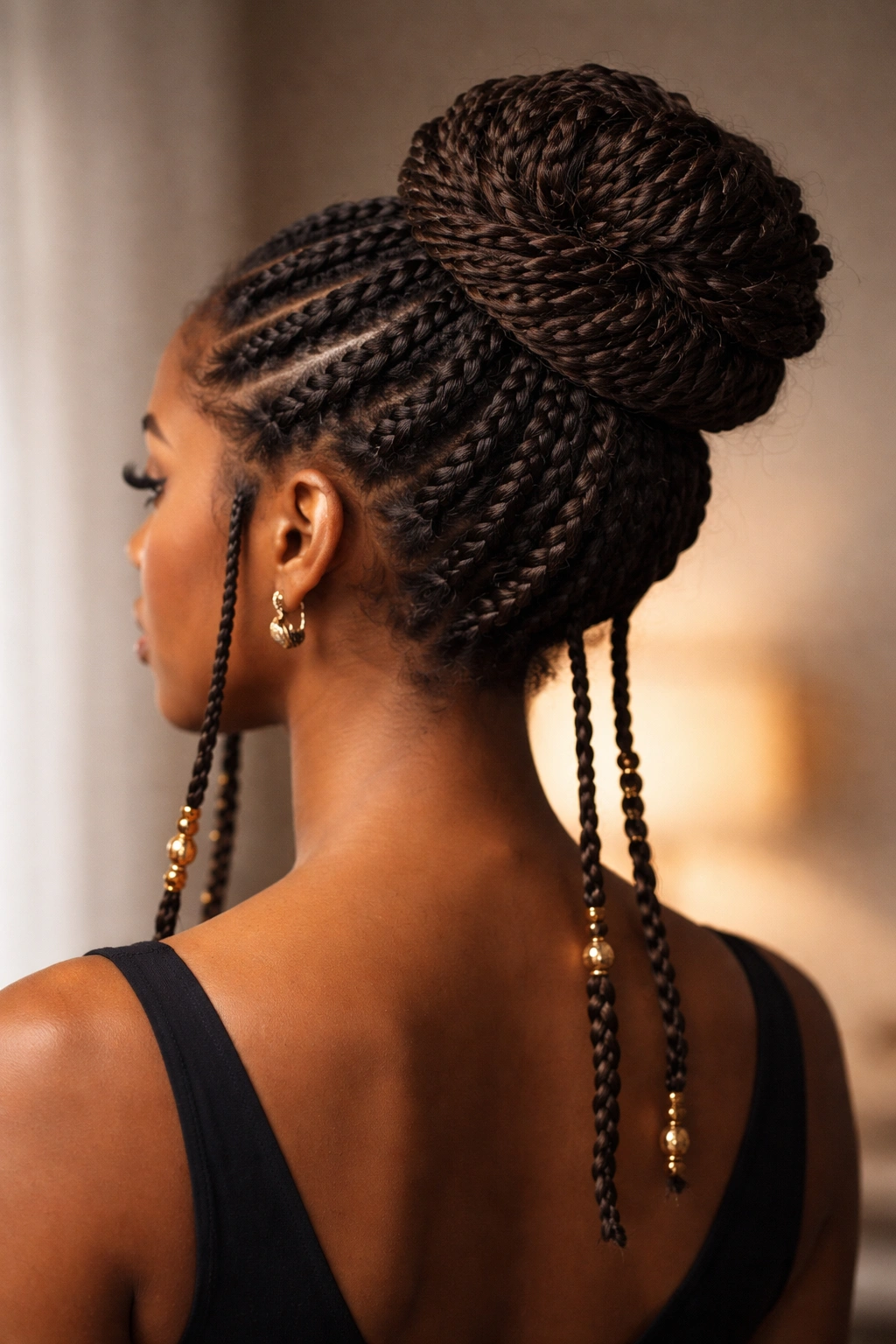 Fulani twists styled into a sleek updo with a gathered bun