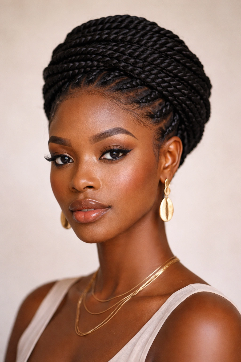 Close-up of Fulani twists wrapped around the head in a crown style on 4C hair