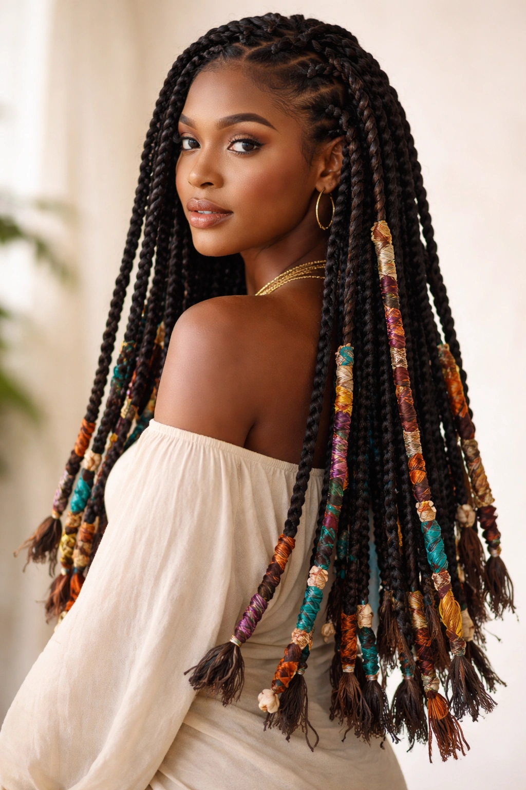 Full-length shot of long Fulani twists wrapped with colorful fabric wraps