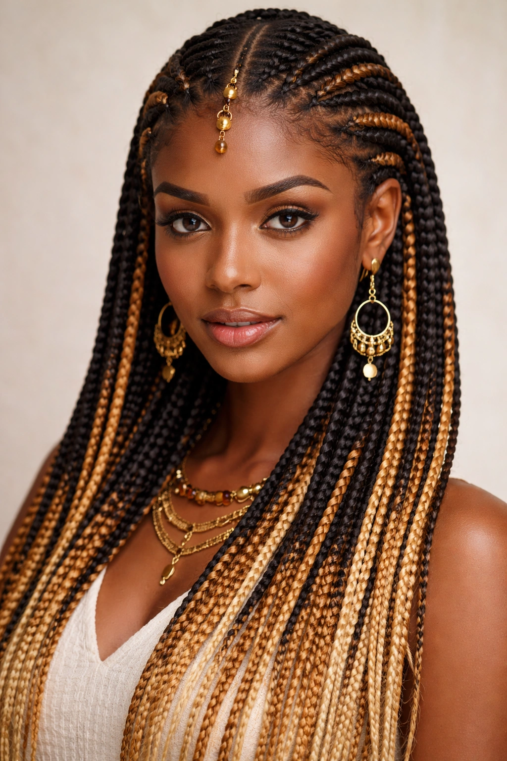 Two-tone Fulani braids in black and gold with an ombre effect