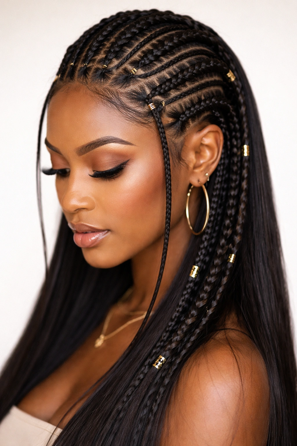 Close-up of thin wrap-around braids weaving through Fulani braids.