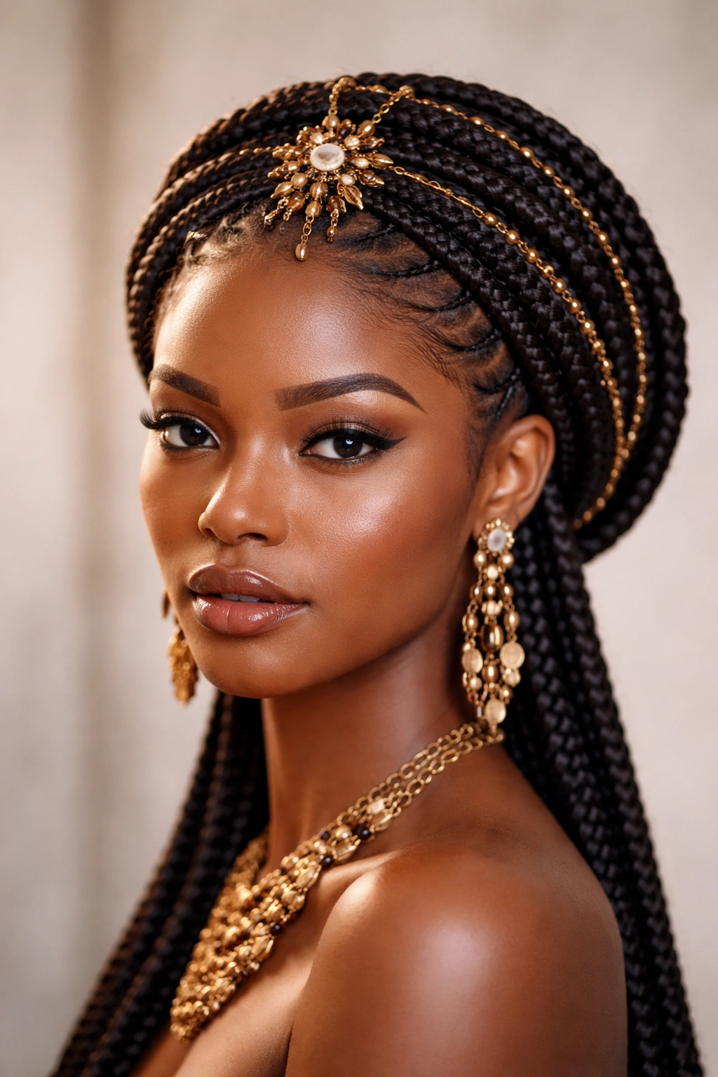 Crown-like spiral Fulani braids wrapped around the head.