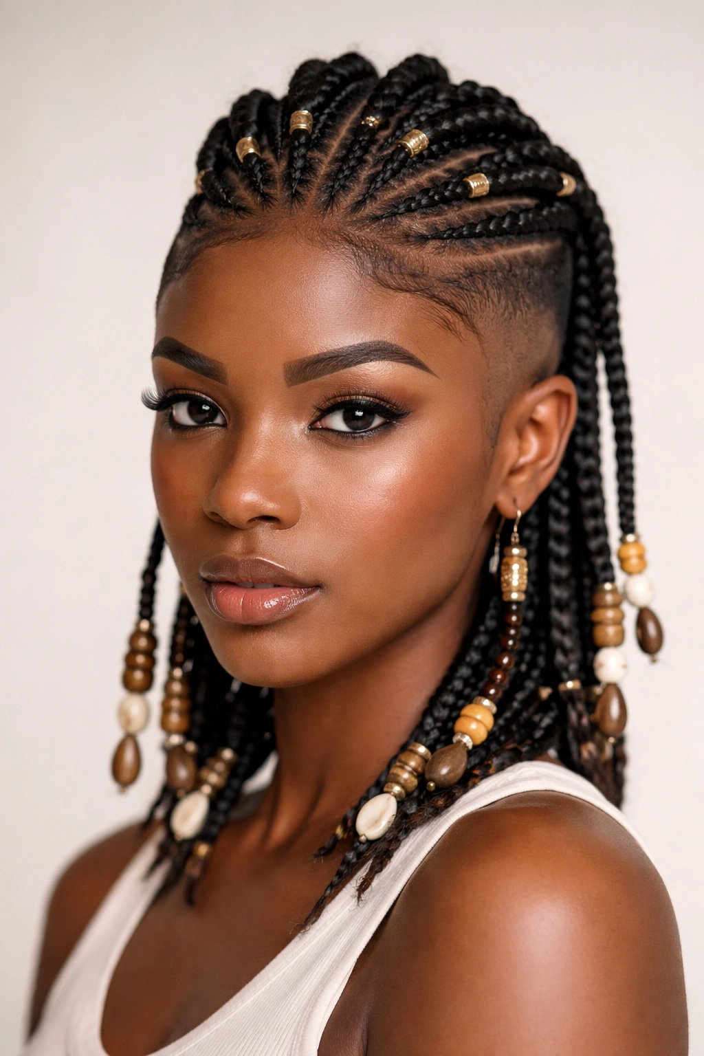 Fulani braids with shaved sides on short hair.
