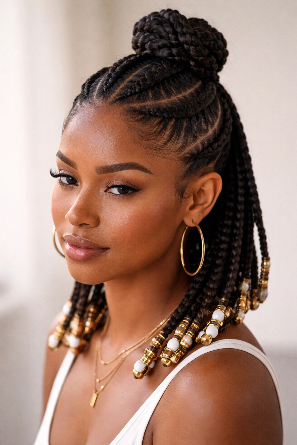 Close-up of Classic Fulani Braids with Top Knot on short hair featuring two thick cornrows and a compact top knot with beads.