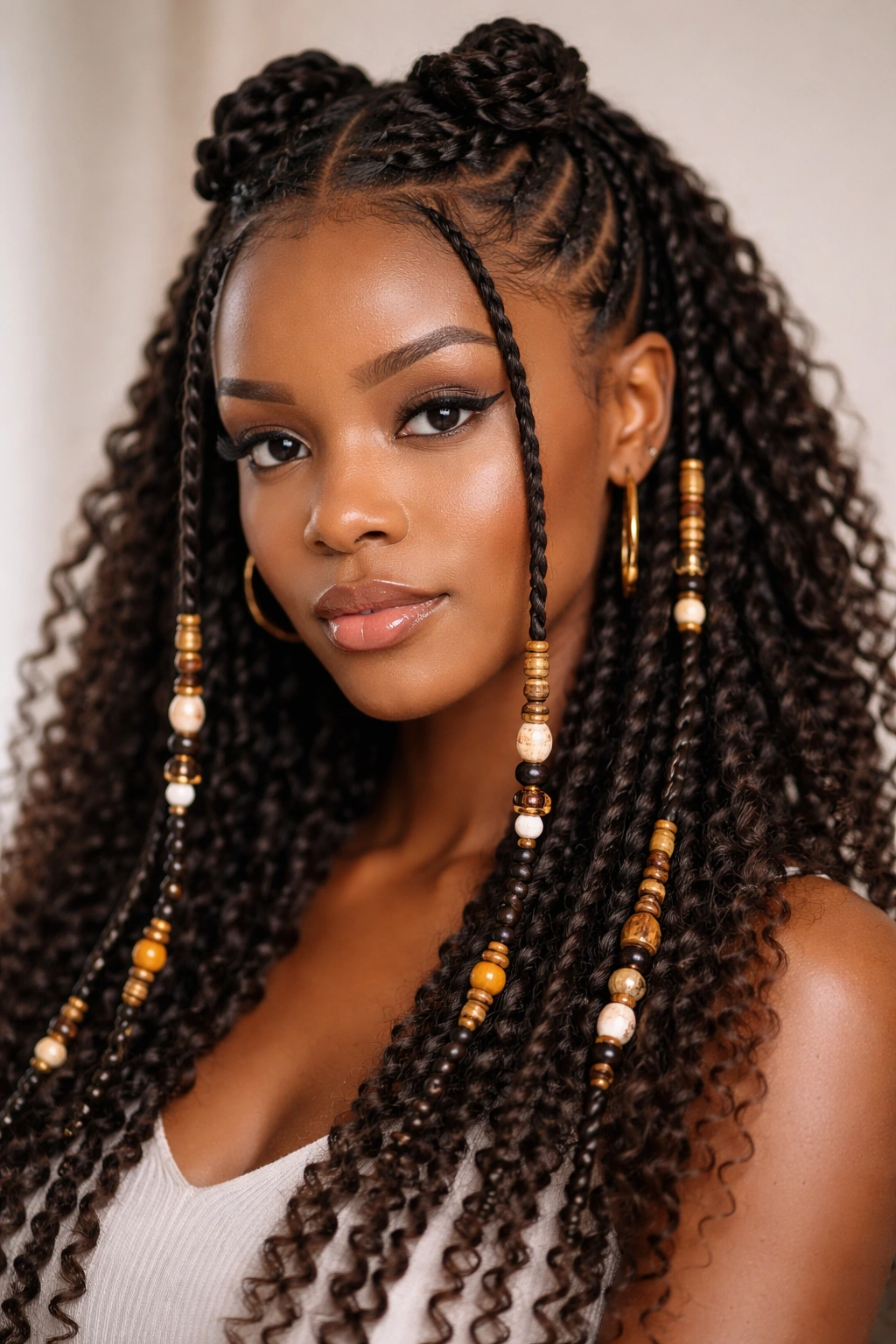 Close-up of two-strand twisted Fulani knots with beads on curly hair