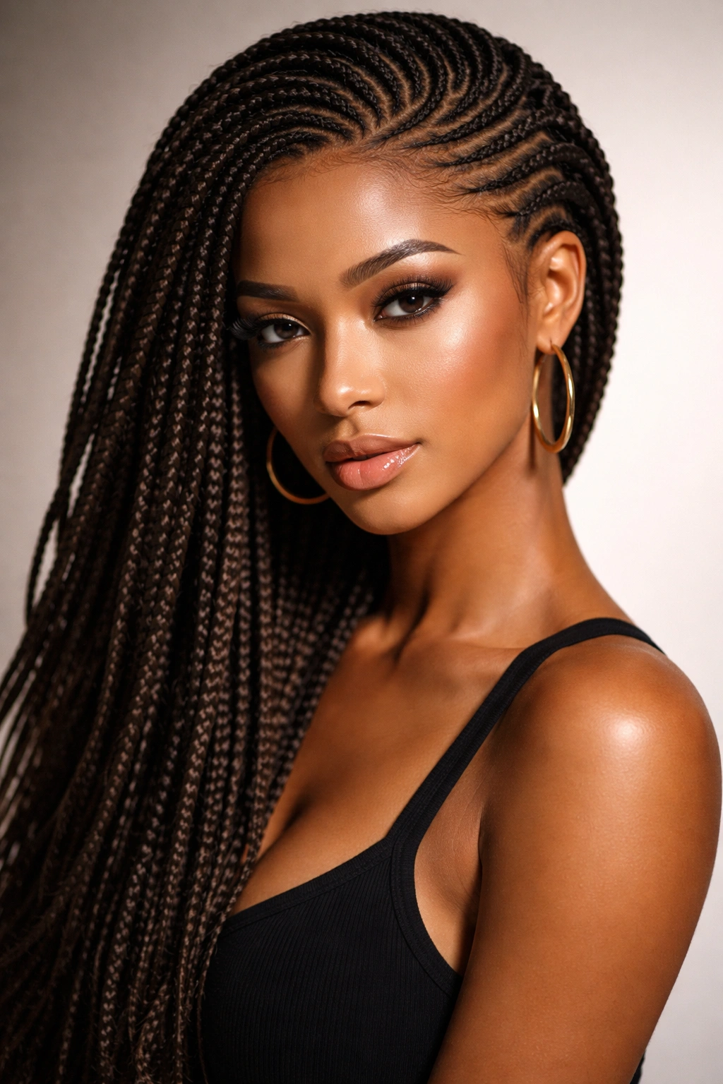 Dense canopy of side cornrows covering the scalp and flowing to one side with long hair