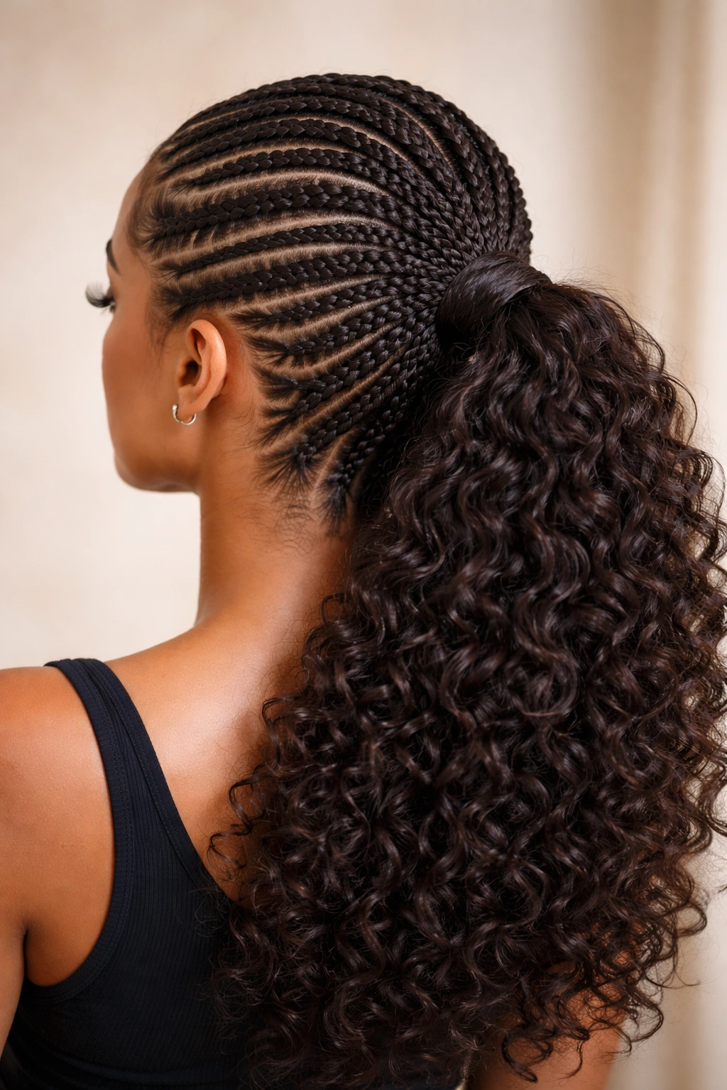 Full-head feed-in braid map converging into a gathered ponytail on curly hair