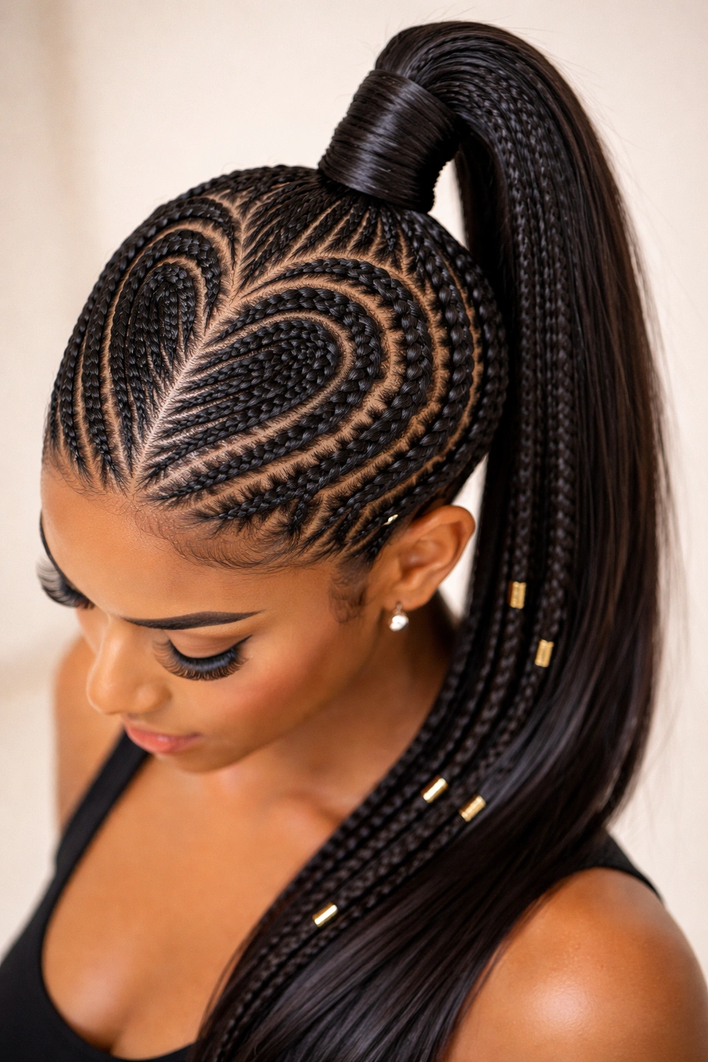 Top-down view of a full-head heart pattern with a high ponytail.