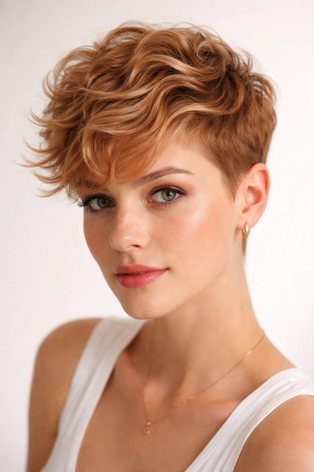 Gamine waves hairstyle with very short sides and longer textured top in strawberry blonde