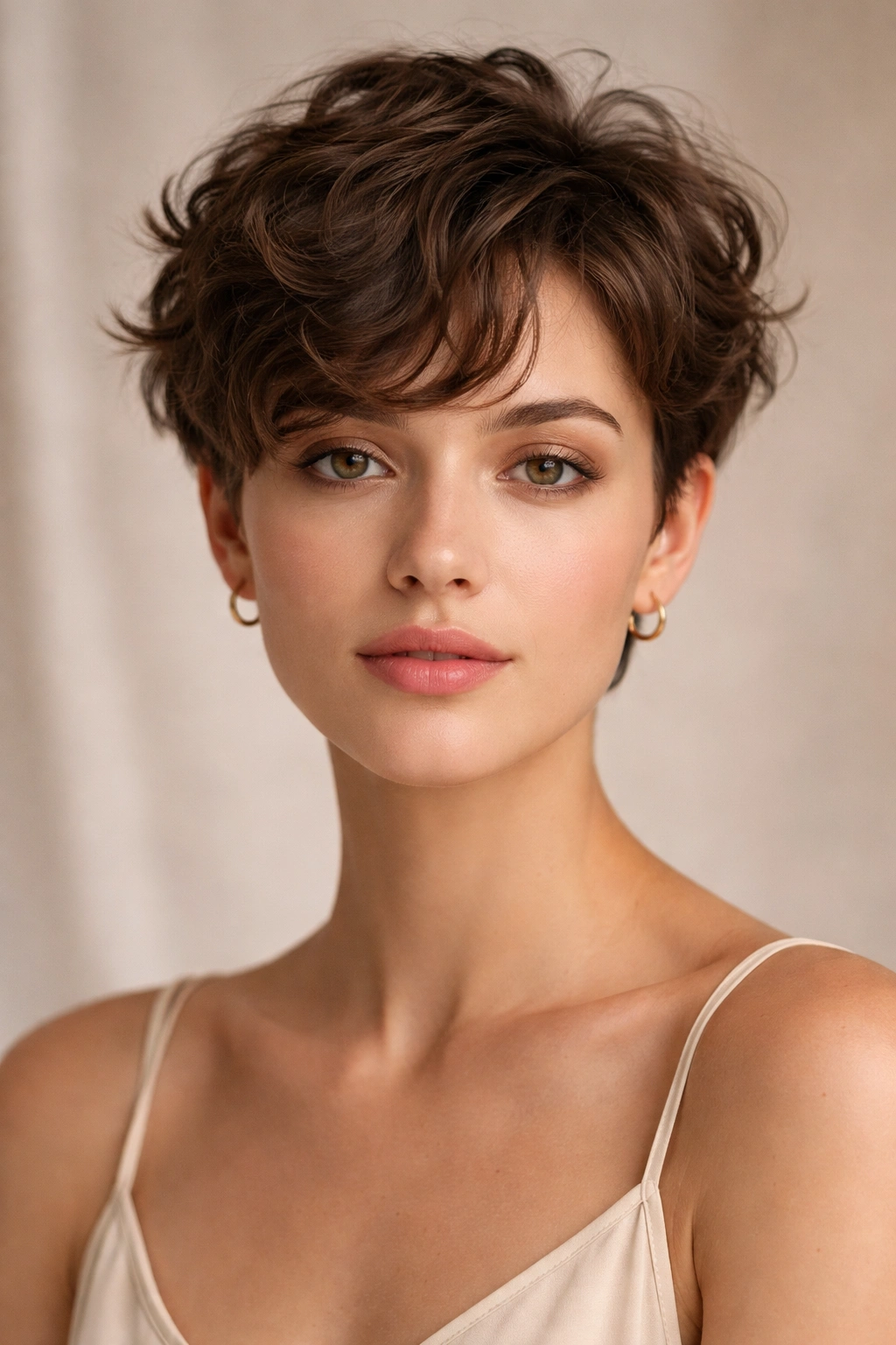 Close portrait of a model with a gamine wavy crop and soft waves
