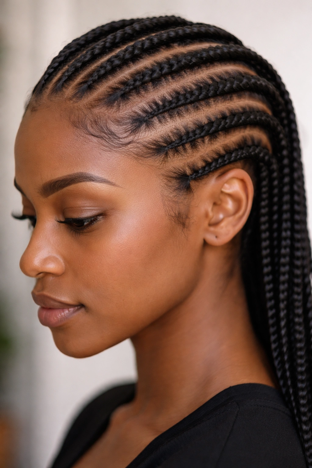 Front/side angle showing cornrows with gaps between rows
