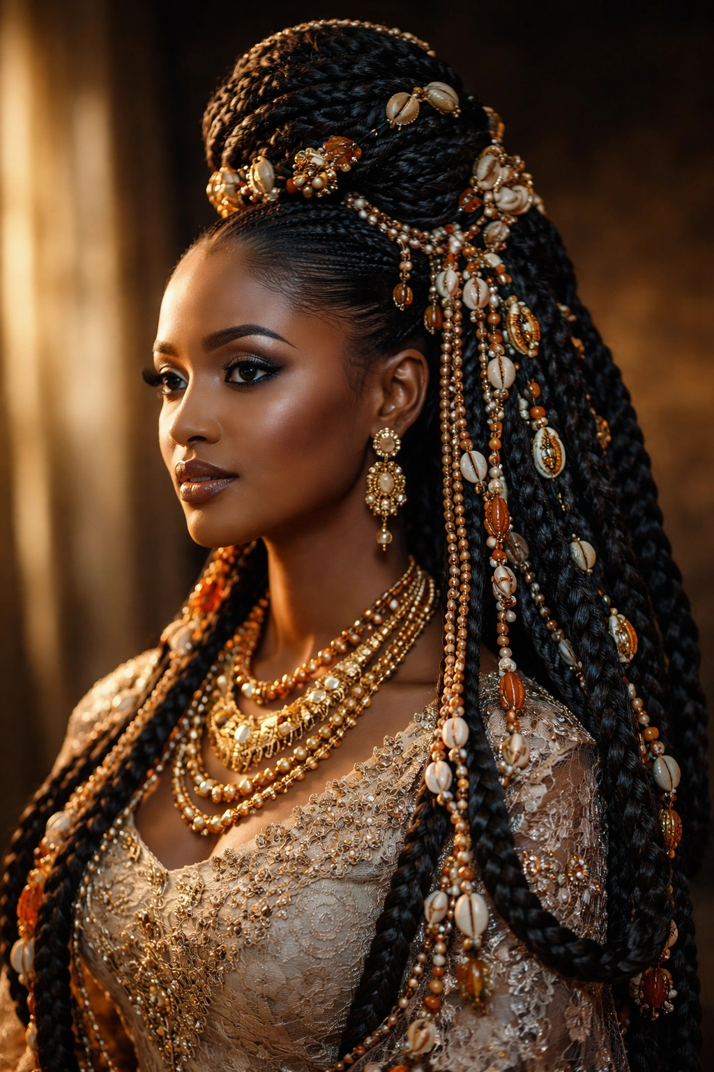 Elaborate Gara da Wajen hairstyle with sculptural bun and beading