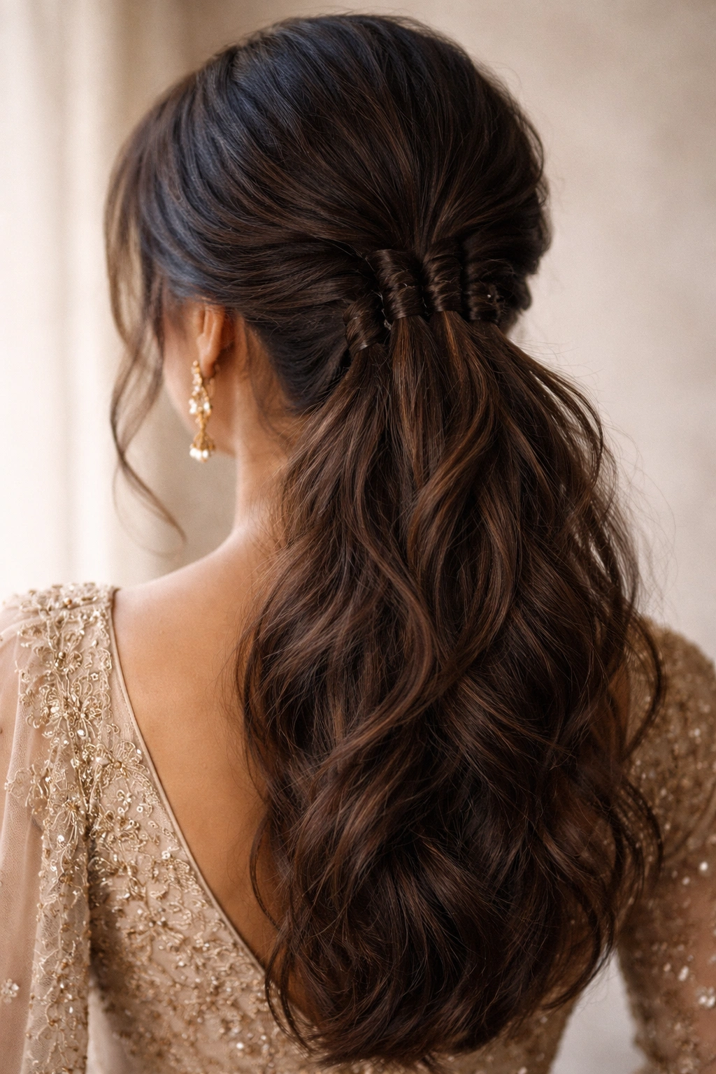 Close-up back view of a gathered-width ponytail showing several slim ponytails blended into one textured look.