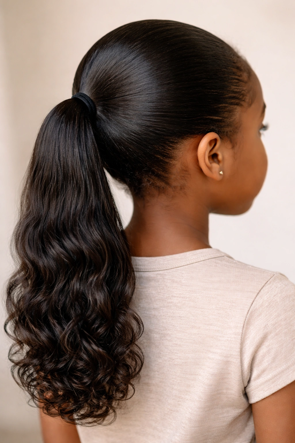 Close-up of a sleek, glossy ponytail formed with leave-in conditioner, back view.