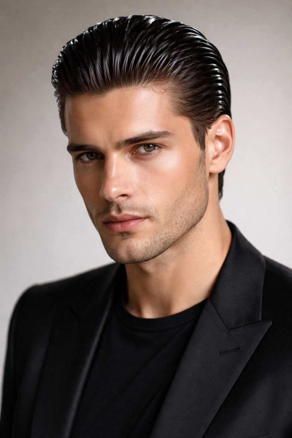 Straight hair slicked back with high-gloss wet look and reflections