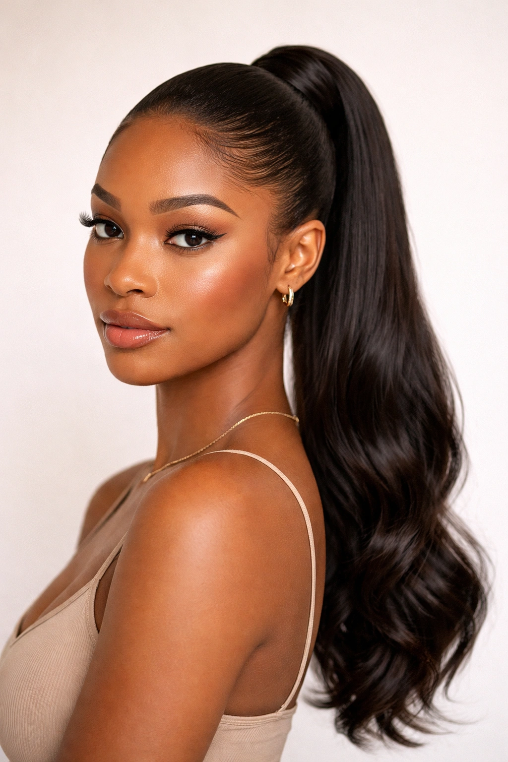 Frontal view of gel ponytail with wrap around base, wrap concealed.