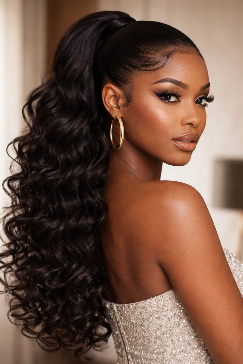 Sleek gel-slicked back with big voluminous curls below