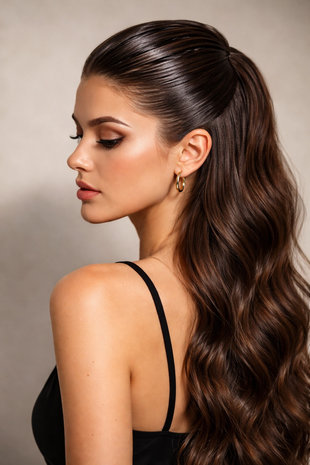 Sculptural gel-slicked half-up hairstyle with sharp lines and soft waves below