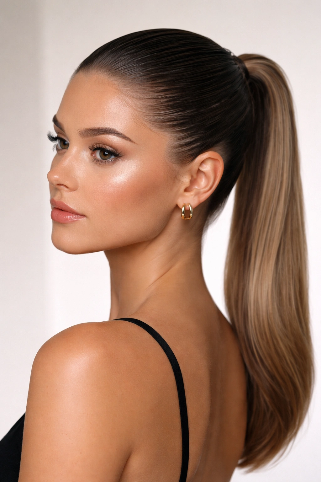 Portrait of a gel-slicked mid ponytail with a smooth scalp and visible face