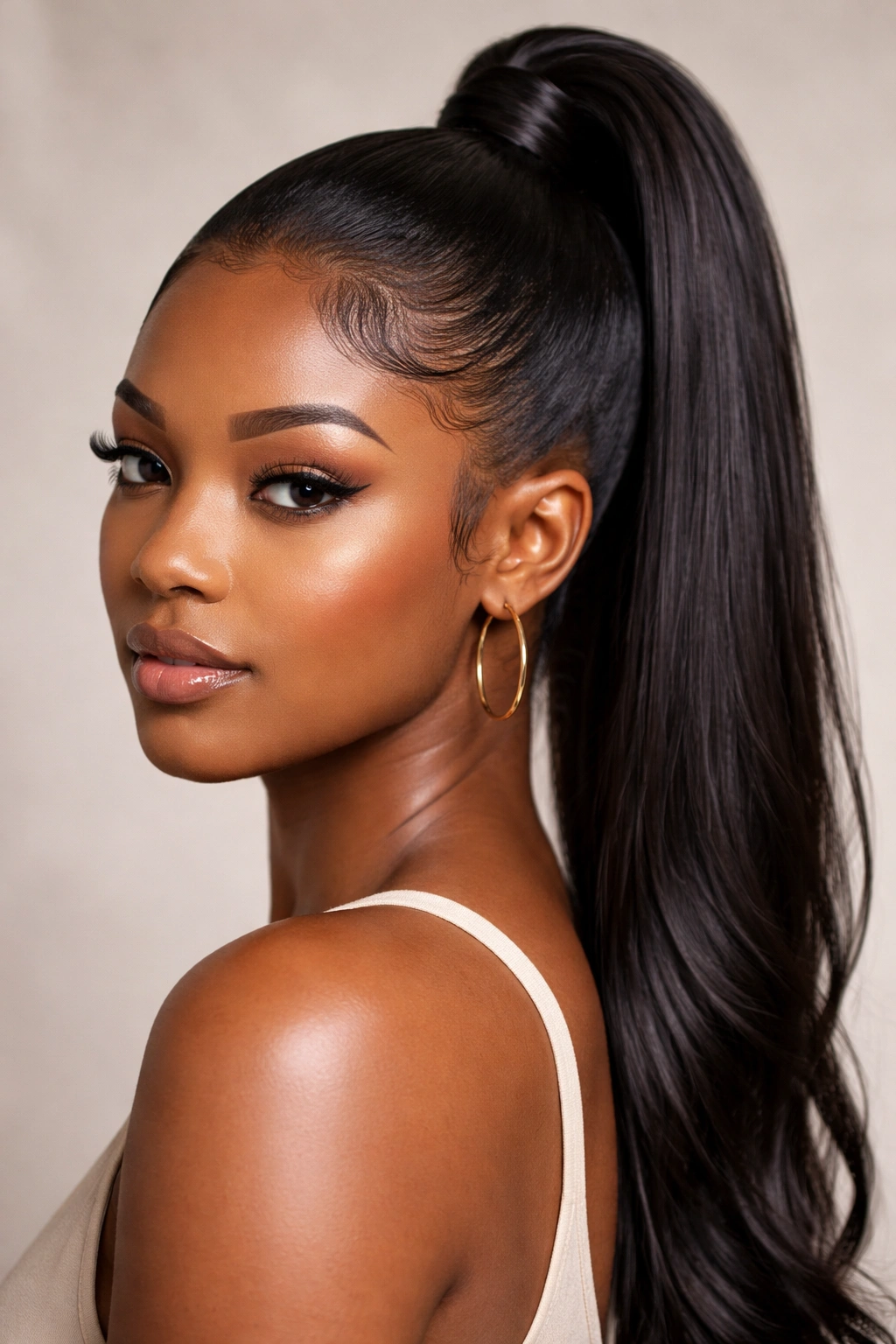 Close-up of Gel-Smooth High Ponytail with defined baby hairs and sculpted hairline