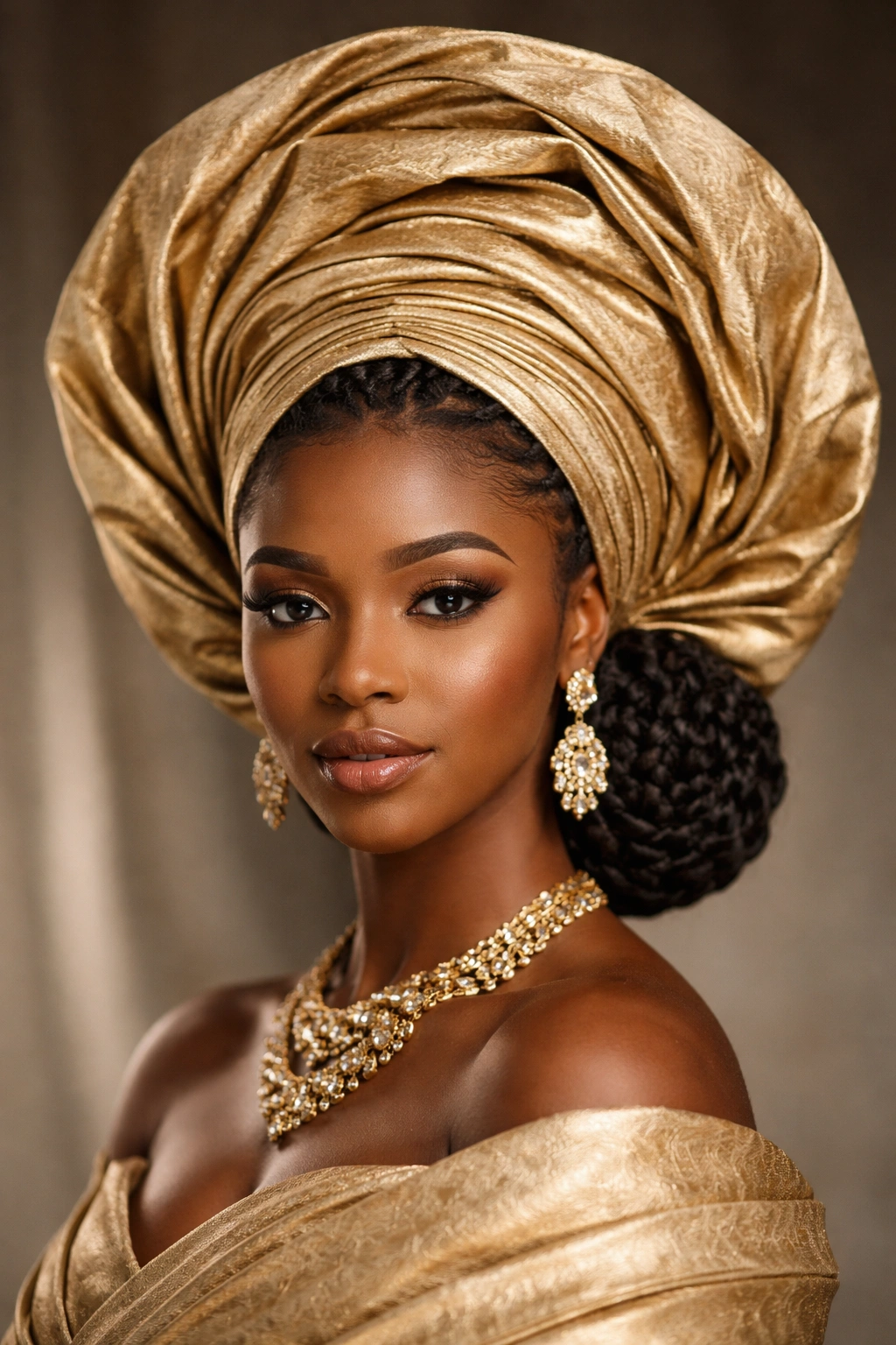 Close-up of Gele crown wrap atop braided updo on 4C hair