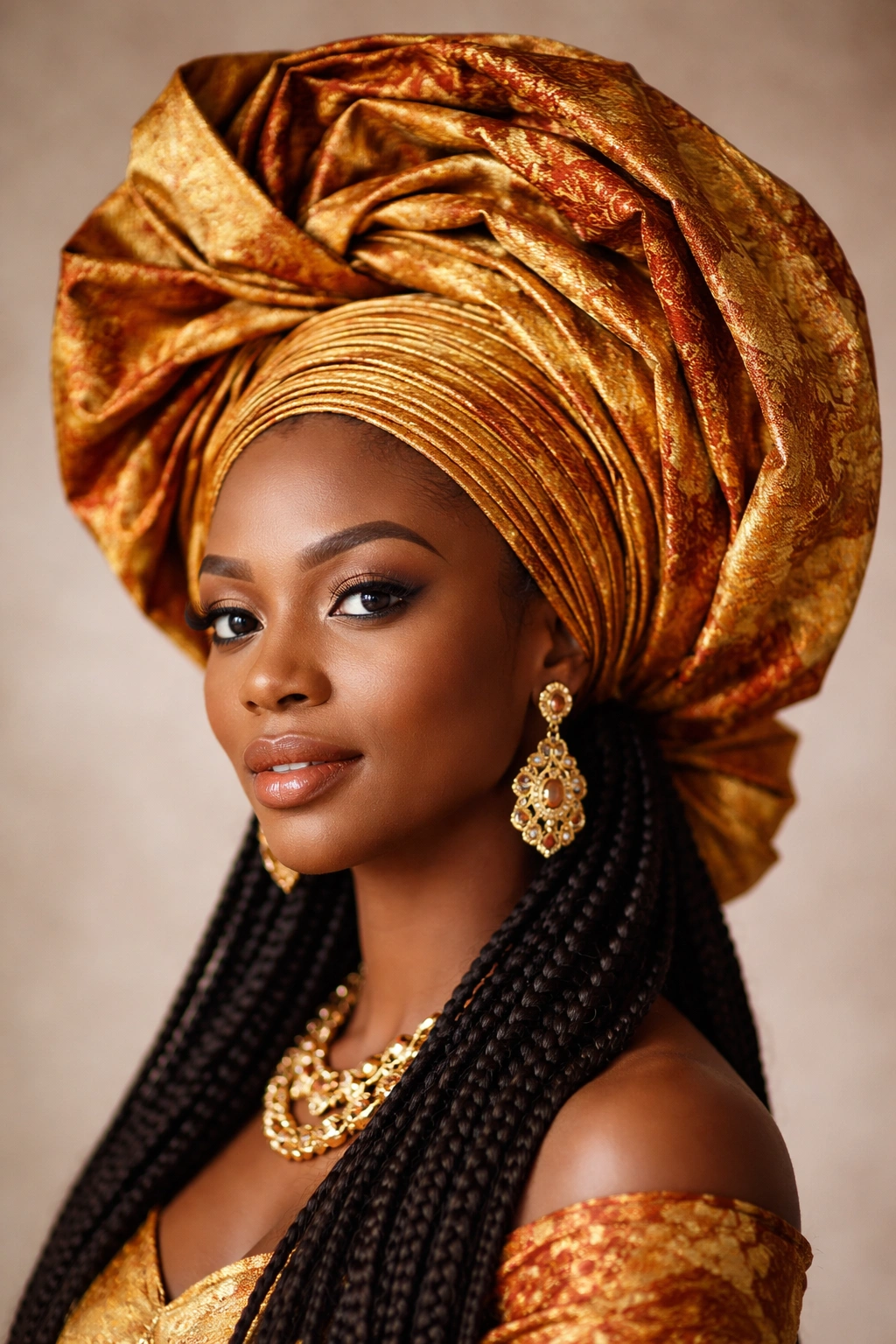 Close-up of a vibrant gele head wrap worn over braided hair with a sculpted crown.
