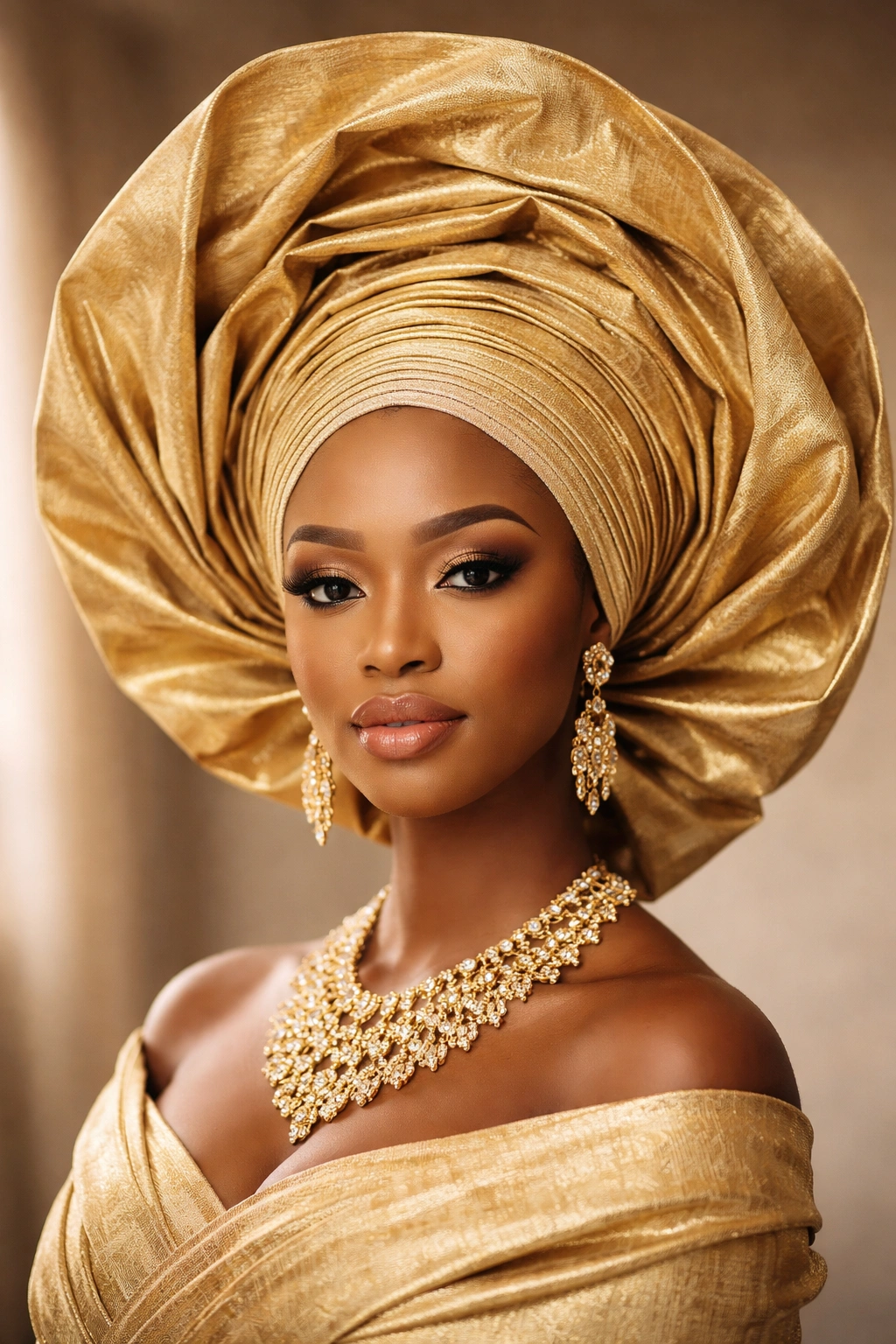 Close-up of a sculpted Gele headwrap on a model, highlighting intricate folds and height