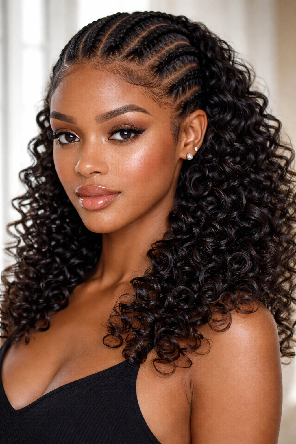 Gelled sculpted curly ends on half cornrows with defined patterns.