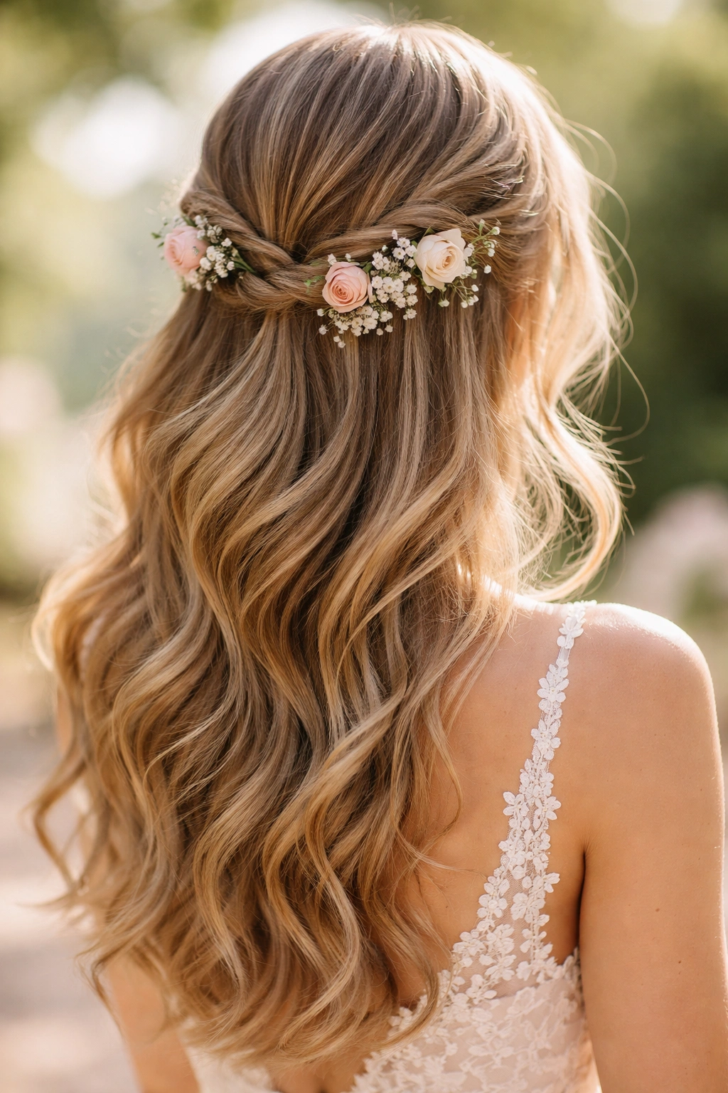 Close-up of a gentle half-twisted hairstyle with florals tucked into twists