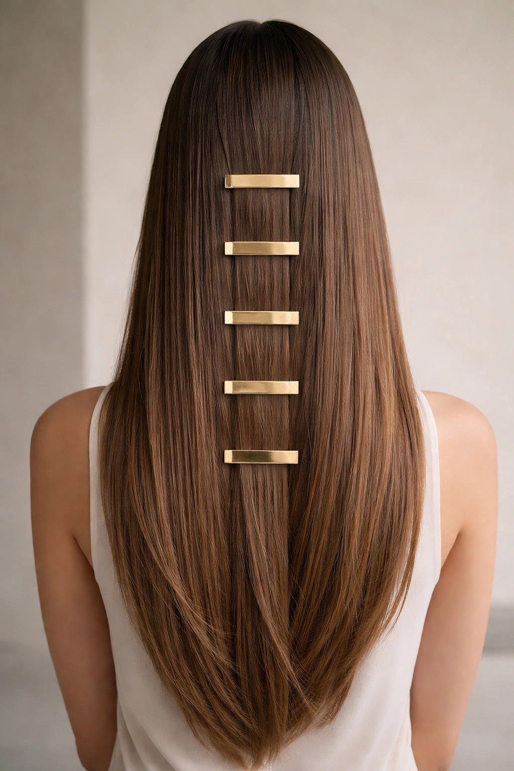 Back view of straight hair with geometric barrettes creating an architectural line