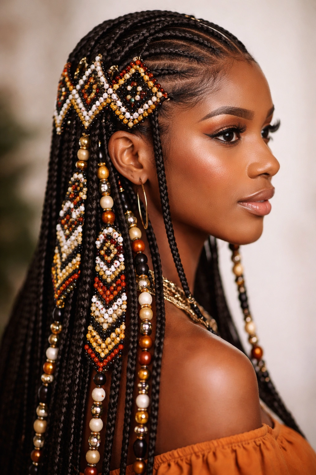 Fulani braids with geometric bead patterns along the strands