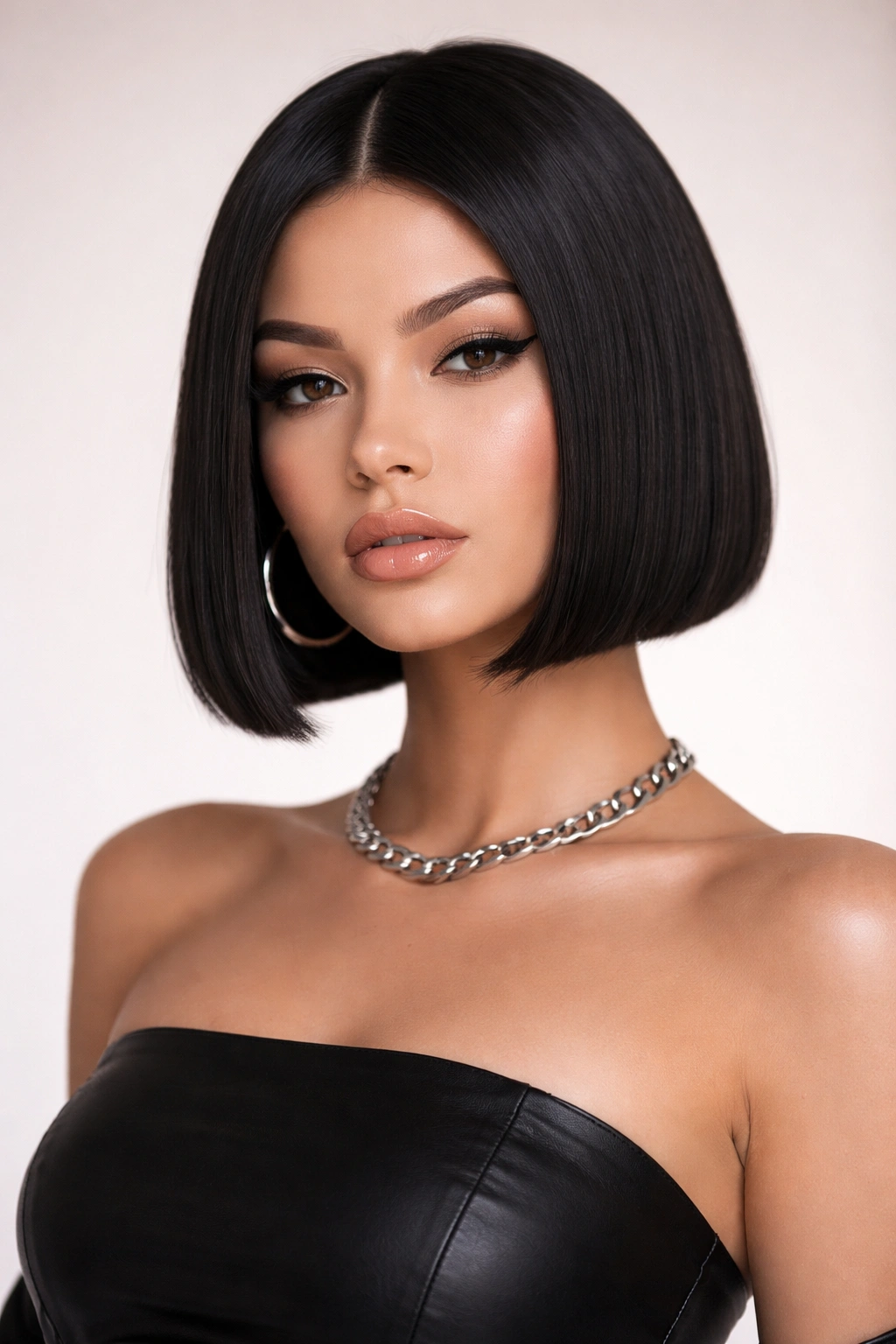 Geometric blunt bob with sharp, straight cut and subtle inward flip.