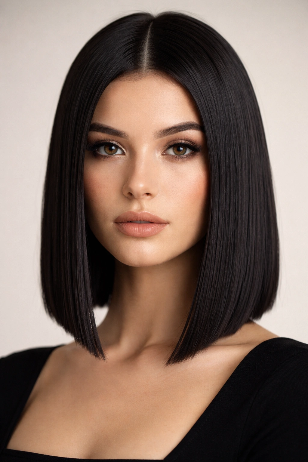 Model with geometric blunt cut showing sharp angles at bottom.