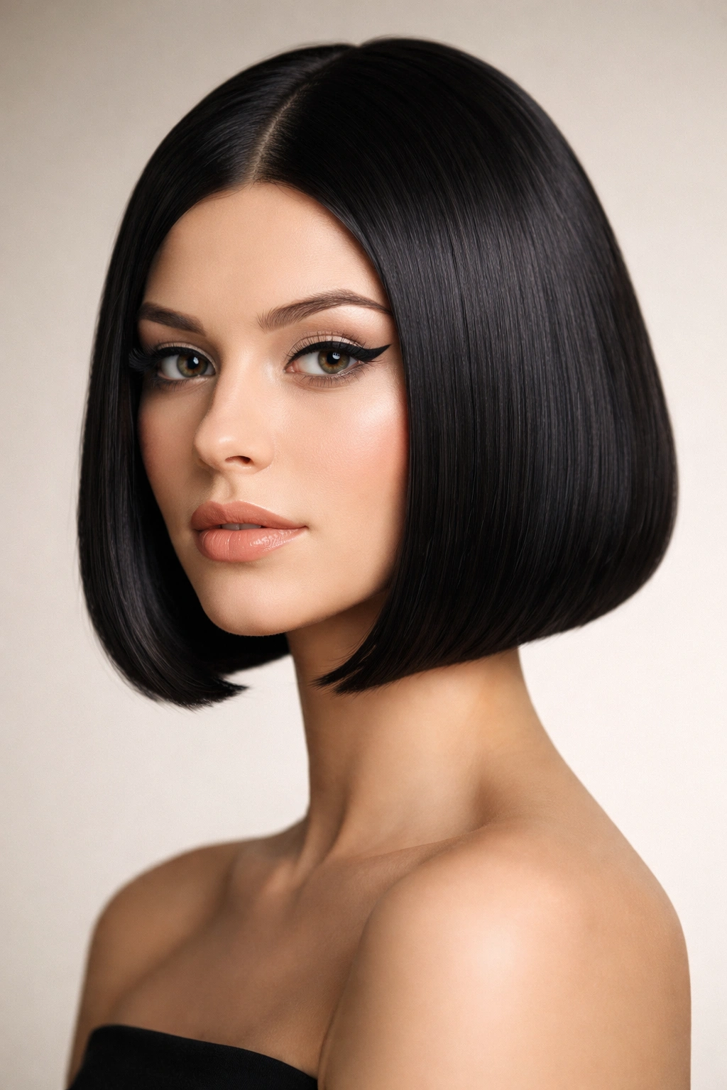Close-up of a model's razor-sharp chin-length geometric bob with a glossy finish